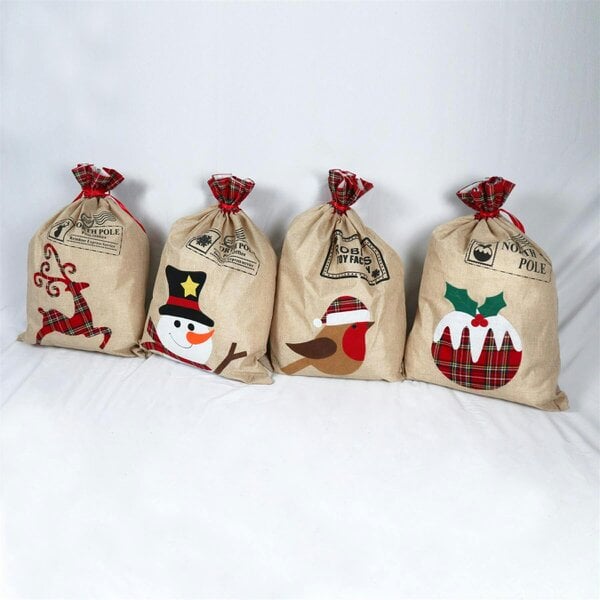 Shatchi 50cm Christmas Santa Sack Set of 4 with Snowman, Reindeer, Robin and Pudding Designs