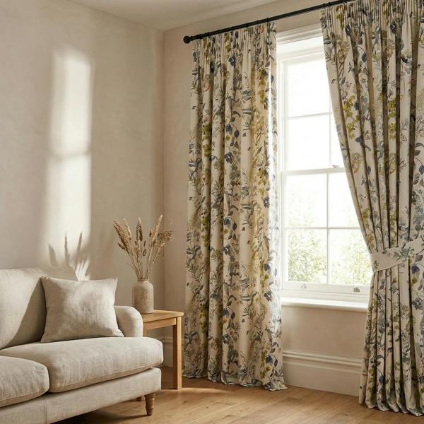 Bougainvillea made-to-measure curtains in Waterfall, styled in a living room