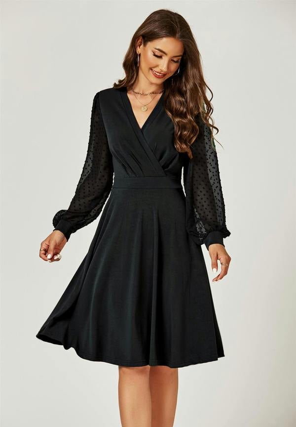 FS Collection Long Chiffon Sleeve Pleated Midi Dress In Black