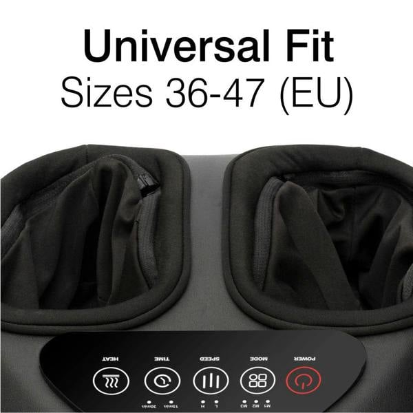 Close-up of the Foot-Therapy 3 in 1 Massager showing two foot openings, a control panel with icons for heat, timer, speed, mode, and power, plus "Universal Fit Sizes 36-47 (EU)" to help improve circulation.