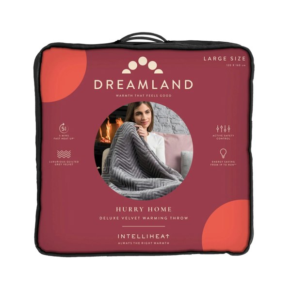 Dreamland Hurry Home Velvet Heated Throw Electric Blanket - Grey Herringbone - 160cm x 120cm