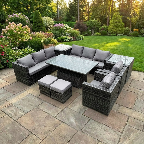 Fimous 9 Seater Rattan Rising Dining Table Sofa Set