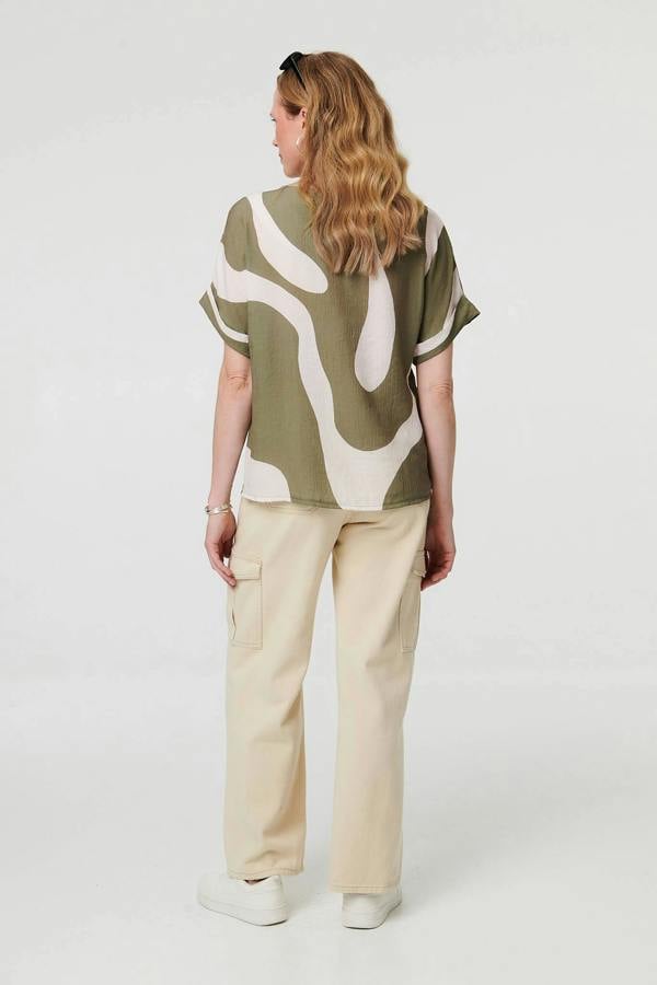Khaki | Abstract Short Sleeve Relaxed Blouse