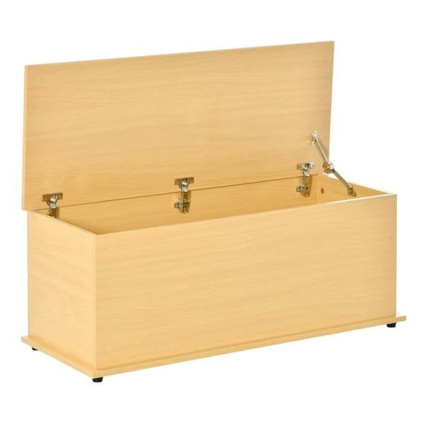Burlywood storage chest with flip-top lid open, metal safety hinge hardware visible