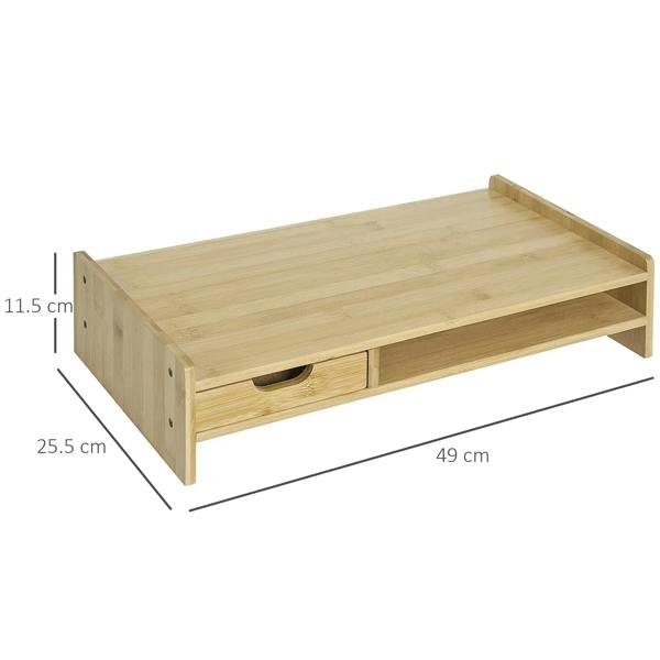 Bamboo monitor riser stand with drawer and open shelf, side view with size markings