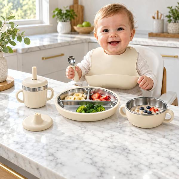 Maison des Cadeaux Baby Feeding & Weaning Set with Stainless Steel Plate, Bowl, Bib, Cup & Cutlery