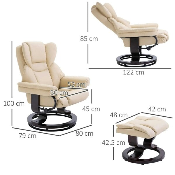 Bobobiy 360° Swivel Recliner Chair with Footstool, PU Leather Manual Recliner Armchair with Footstool, Solid Wood Base, Cream