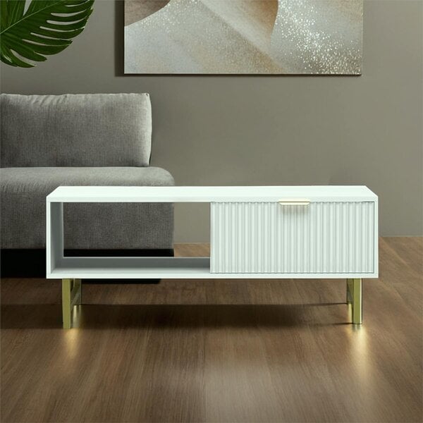 Kosy Koala Modern White Coffee Table with Storage, Gold Metal Legs and Handles