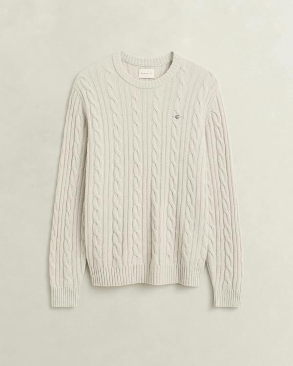 GANT Mens Lambswool Cable Crew Neck Sweater - 215 Clay Beige | CHO | Designer Mens Crew Neck Jumpers
