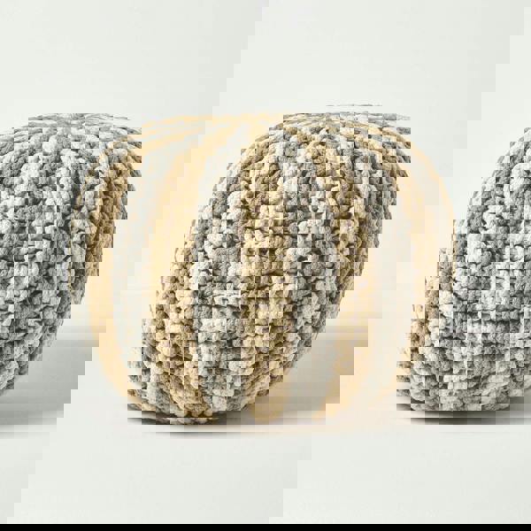 HOMESCAPES Off White and Linen Knitted Pouffe Striped Footstool