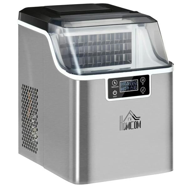 Silver-tone compact countertop ice machine with clear viewing window and LCD control panel