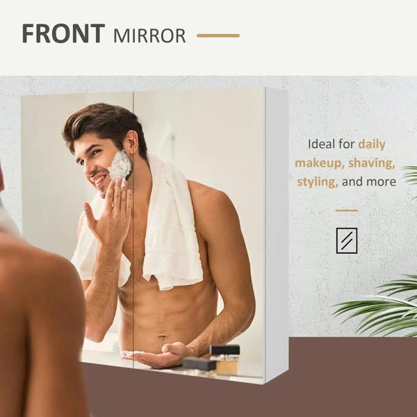 Front mirror cabinet door reflecting a person at the bathroom sink