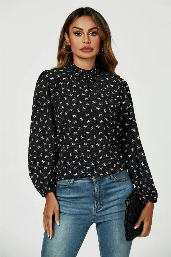 FS Collection Bow Print Frill Detail High Neck Top In Black