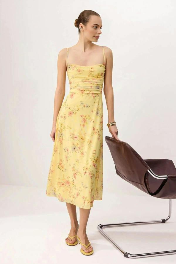WOVCOR A-Line Pool Neck Thin Strap Tulle Knit Dress