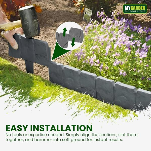 My Garden Outdoor Living Interlocking Lawn Edging Set 20 Pack – 16ft Long Hammer-In Garden Edging Borders - Cobblestone Border Design for Flower Beds