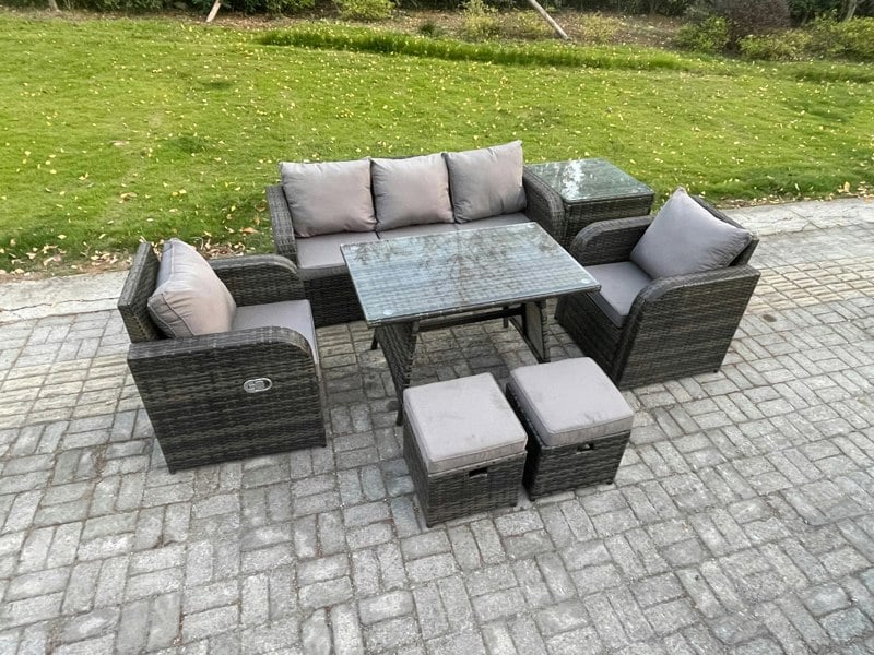 Fimous Rattan Wicker Garden Furniture Set - Dark Grey Mixed Patio Sofa Set with Rectangular Dining Table & Reclining Chair