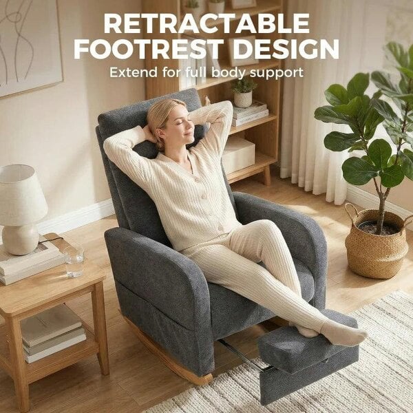 Upholstered Rocking Chair Retractable Footrest Rocker Chair High Back for Living Room Grey