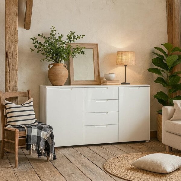 Wyld Haus Leipzig White Gloss Wide Chest of 4 Drawers 2 Doors