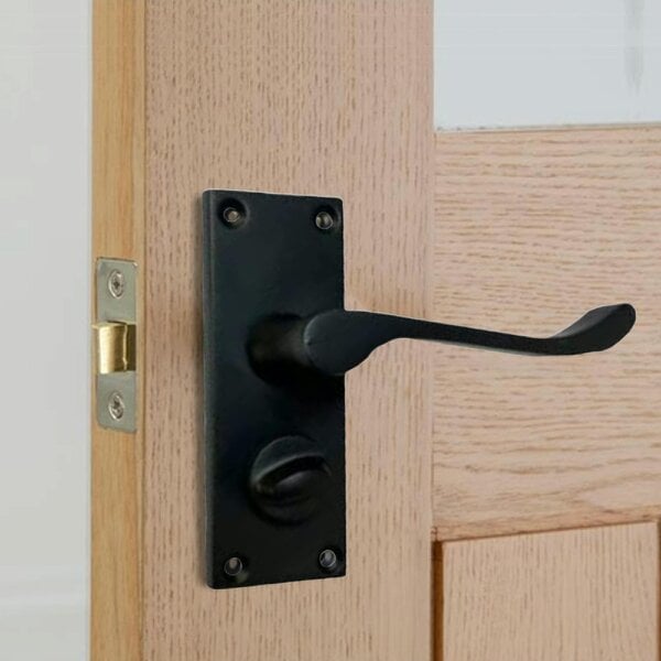 EDH Door Hardware Victorian Scroll Matt Black Bathroom Privacy Lock Door Handles 1 Pair