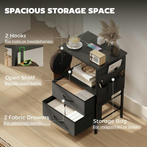 Wyld Haus Pado Metal Black Bedside Table 2 Grey Fabric Fold Down Drawers With Integrated Charging Station