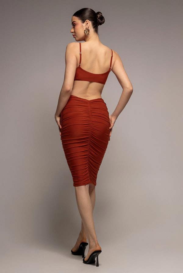 Cut Out Ruched Bodycon Midi Dress - Rust DR3522