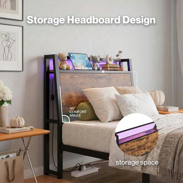 Levede Single Bed Frame Platform Storage Headboard Charging Station LED Lights