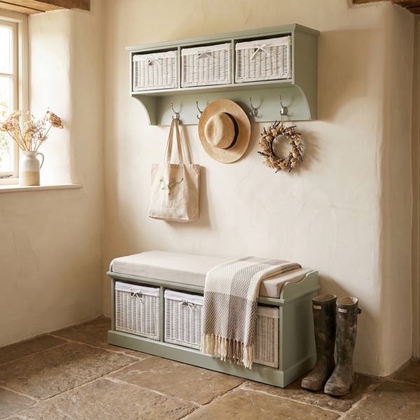Statement Furniture Tetbury Large Hallway Set with Storage Baskets and Cushion Seat - Sage Green