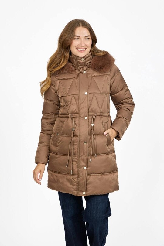 Mudflower Diamond Quilted Jacket with Detachable Fur Hood - Brown