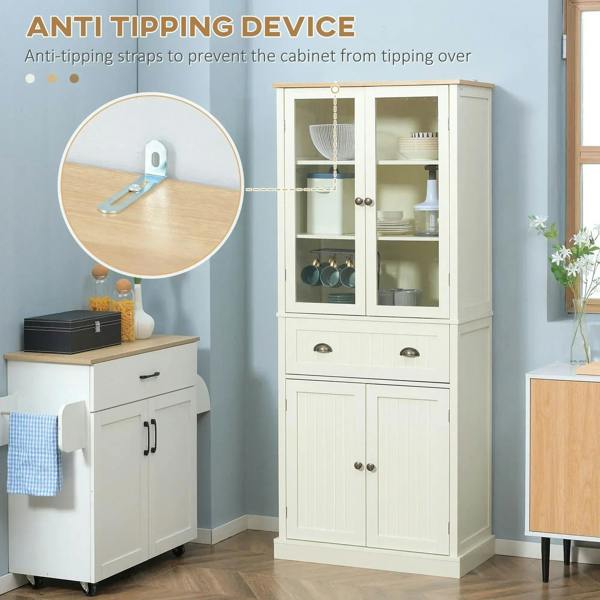 Cream white cupboard with anti-tipping strap, glass display doors above paneled cabinet doors