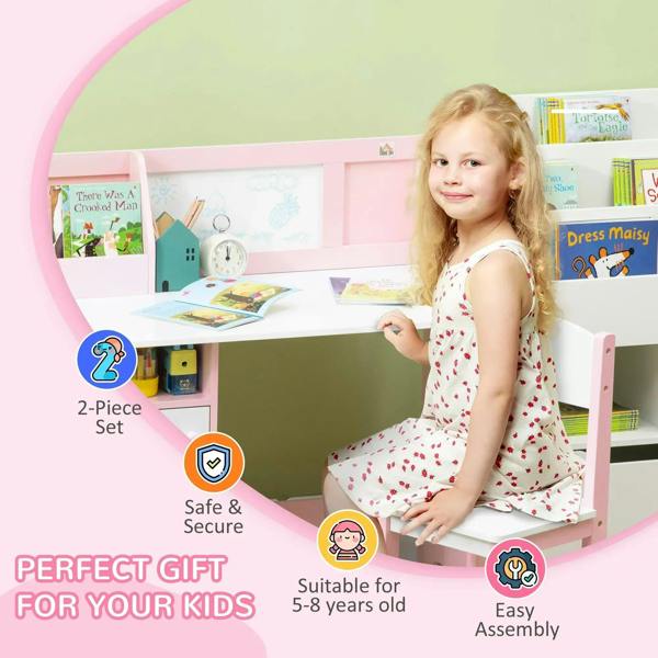 Kids desk and chair set in pink with whiteboard and open storage panel