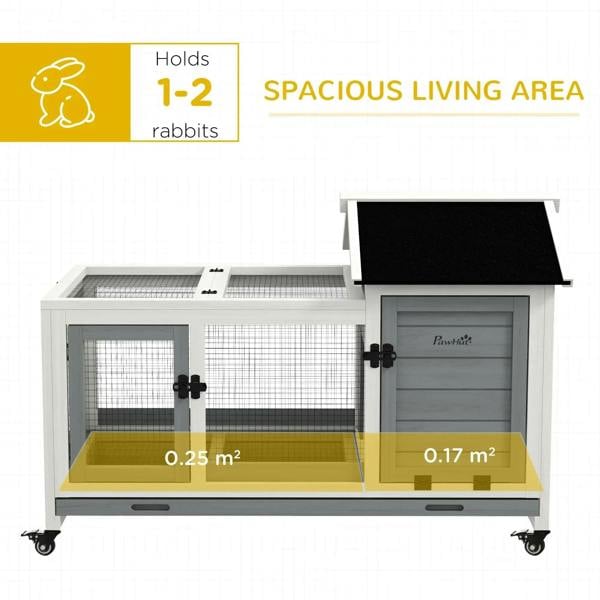 Grey wooden rabbit hutch with dual-zone interior, wire mesh enclosures, and base tray