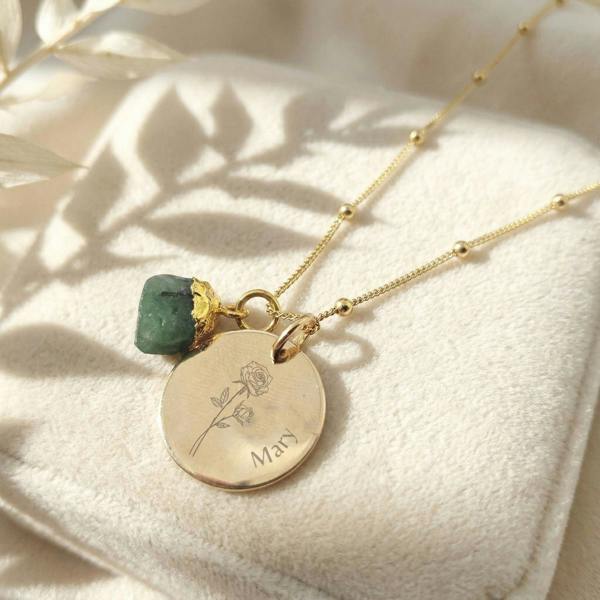 Harfi 18ct Gold Vermeil Plated Birth Flower, Birthstone And Name Necklace