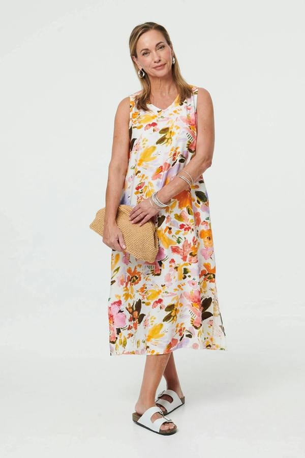 Orange | Floral Sleeveless V-Neck Midi Dress