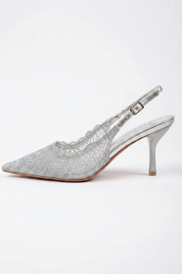 Saoirse Pointed Toe Lace Slingback Heels - Silver