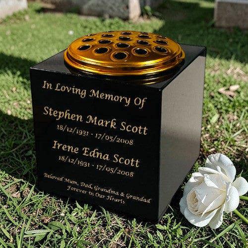 Memorials Direct Granite Memorial Vase for Two Names, Free Personalised Gold Engraving, Solid Granite