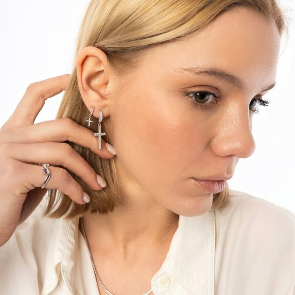 Spero London Sterling Silver Huggie Pave Cross Drop Earring
