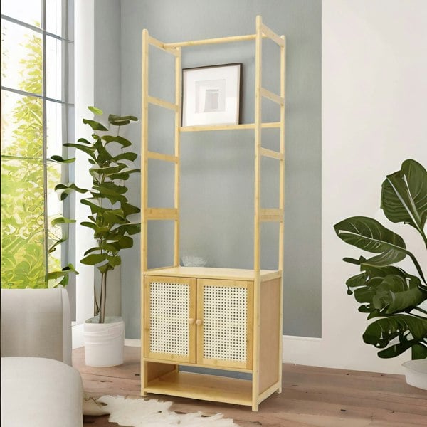 BMBO Wooden Hall Tree Coat Stand With Shoe Rack Natural Brown