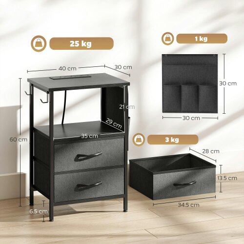 Wyld Haus Pado Metal Black Bedside Table 2 Grey Fabric Fold Down Drawers With Integrated Charging Station
