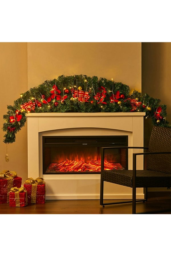 Living and Home 1.8m Artificial Christmas Swag with LED Light for Front Door Fireplace Bows Flowers Balls Decorative Swag Wreath