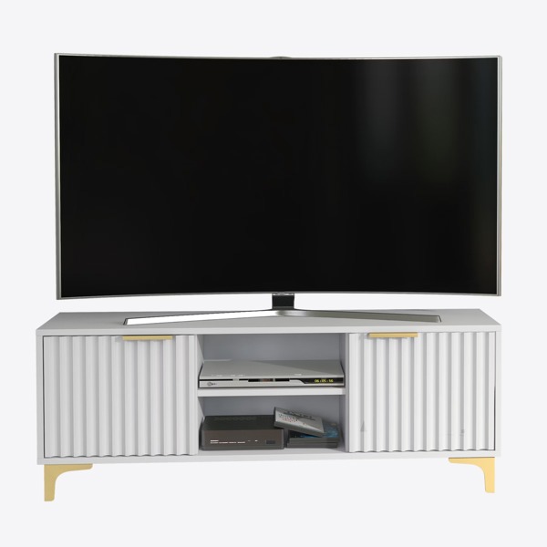 Mex Furniture Bold White 120cm TV Unit with Ribbed Fronts and Gold Accents