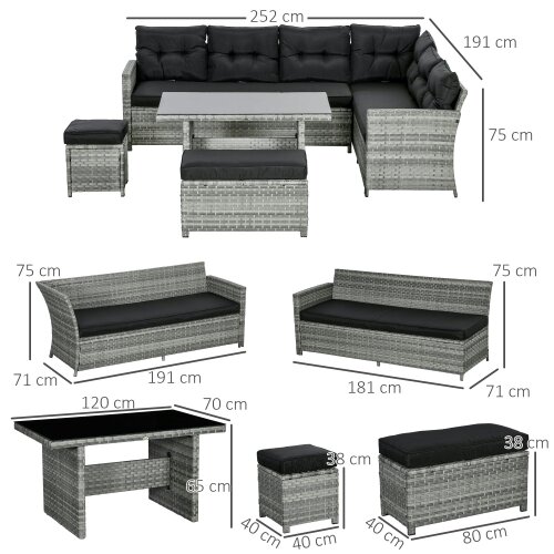 Wyld Haus Sakale Grey Rattan 9 Seater Garden Furniture Set With Corner Sofa Footstools And Glass Table