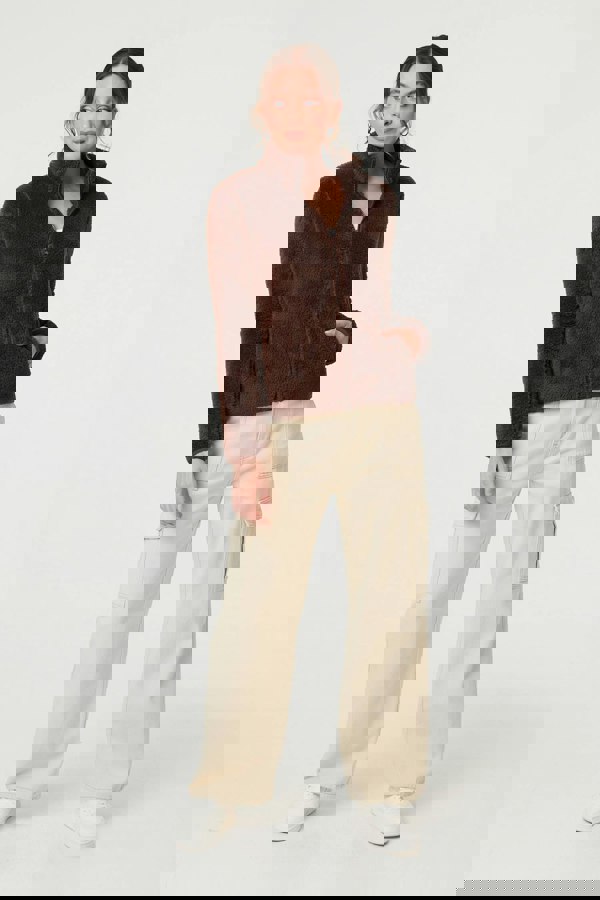 Brown | Soft Texture Zip Front High Neck Fleece
