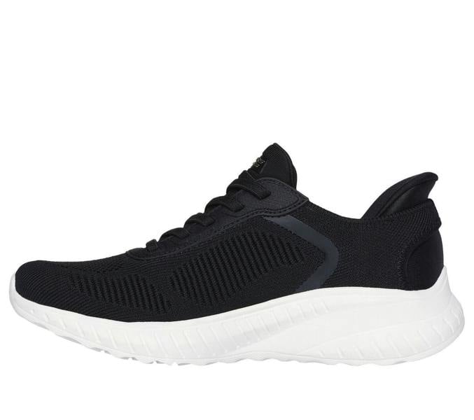 Skechers BOBS Sport Squad Chaos Womens Slip-Ins Sports Shoe Trainers, black athletic slip-on sneakers with a white sole.