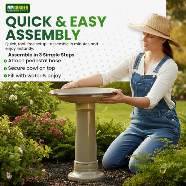 My Garden Outdoor Living Garden Bird Bath Ceramic Effect-Free-Standing Bird Bath for Garden & Outdoor-Weather Resistant Finish, Stable Pedestal Base