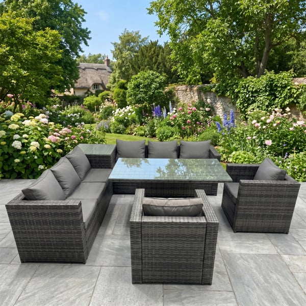Fimous 8 Seater Rattan Furniture Set with Corner Sofa, Height Adjustable Rising Table, 2 Chairs & Side Table - Dark Grey
