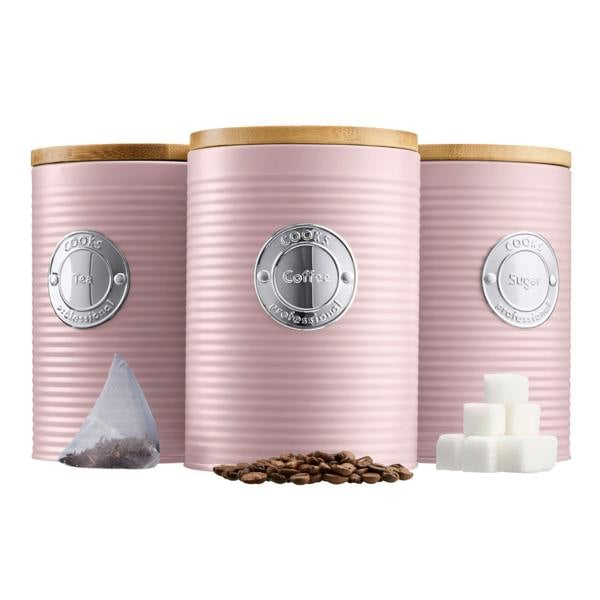 Cooks Professional 3 Piece Kitchen Storage Set with Bamboo Lids | Pink / Silver