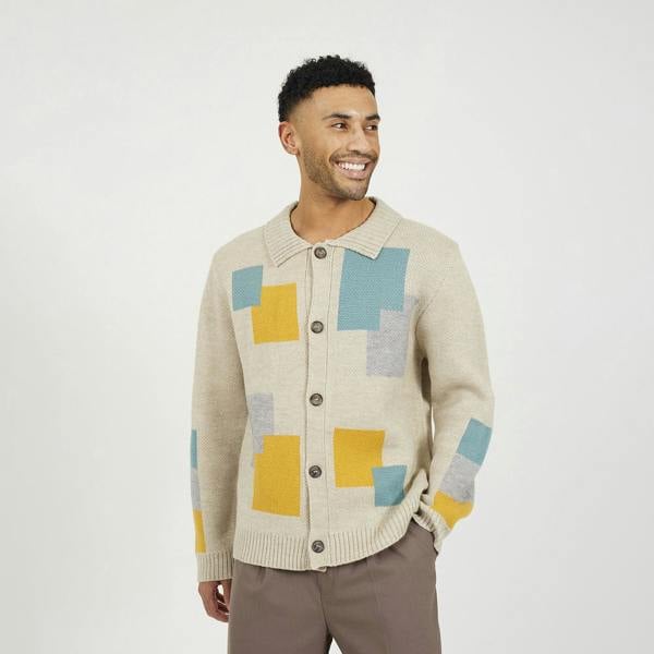 Brave Soul Beige Abstract Block Pattern Cardigan - Beige Image 1