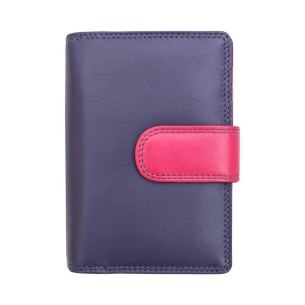 Purple wallet with a pink strap on a white background