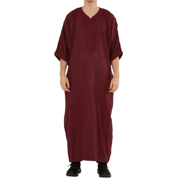 Men's Half Sleeve Embroidery Moroccan Thobe - Wine - Thobez - 49