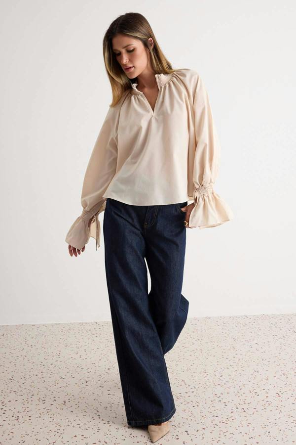WOVCOR High Neck Long Sleeve Oversized Blouse